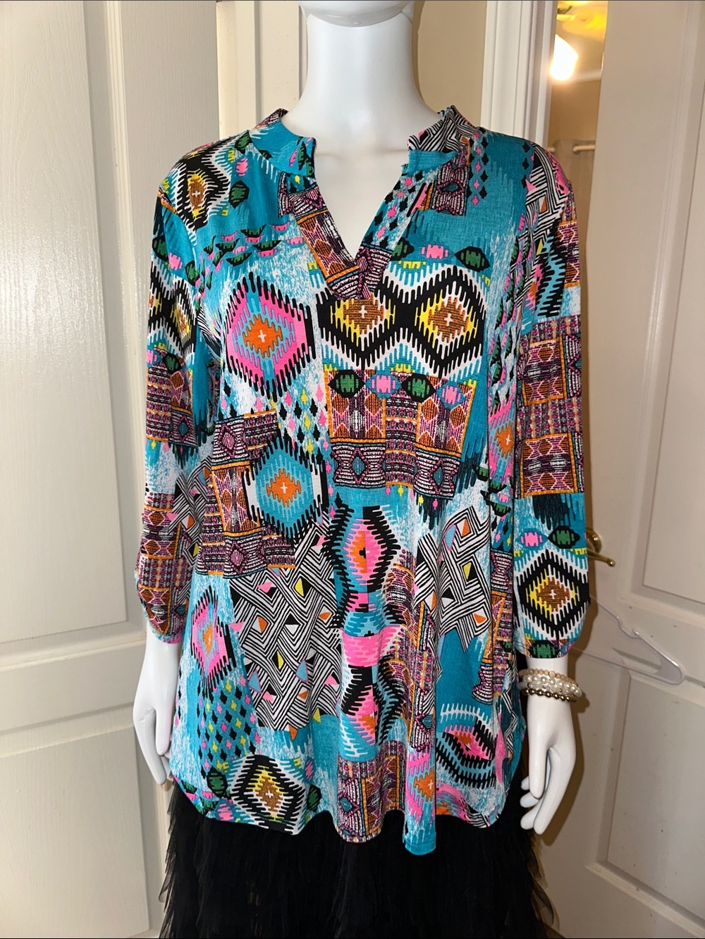 Turquoise Multicolor Geo-Print Long-Sleeve Tunic